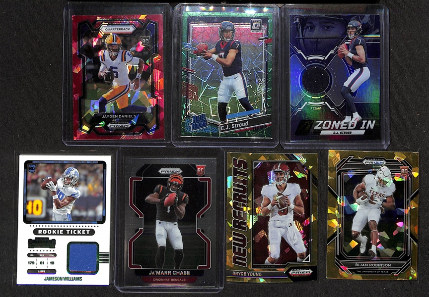 Lot of (80+) Various Football Cards inc. 2024 Prizm Draft Picks Jayden Daniels RC Red Cracked Ice, 2023 Donruss Optic C.J. Stroud Green Lazer, 2023 Zenith C.J. Stroud Patch